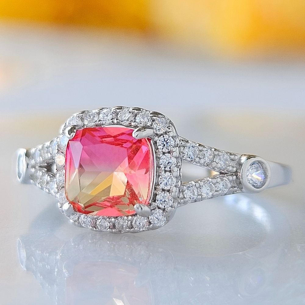 Pink & Peach Tourmarine Gemstone Ring, 925 Sterling Silver Charmed Aroma